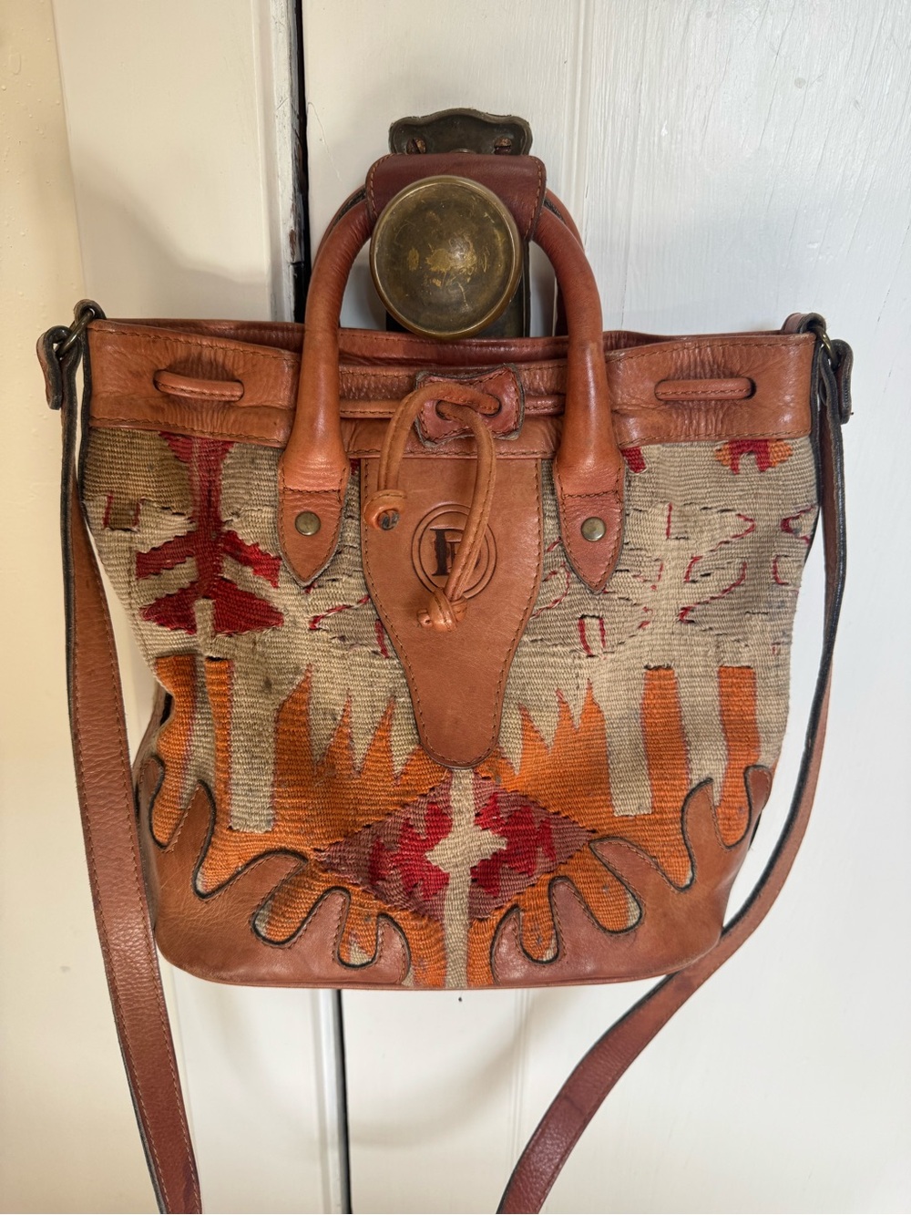 Woven Textile & Leather Crossbody Bag in Brown and Orange